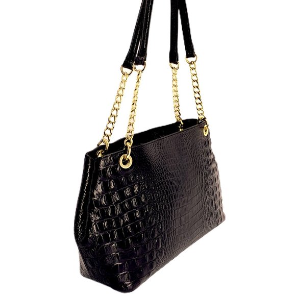 BRAHMIN BLACK CORINGTON TOTE w/ GOLD CHAIN STRAPS - Picture 5 of 12
